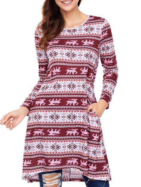 [41 Off] 2021 Christmas Snowflake Print Long Sleeve Dress In Red Dresslily