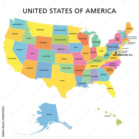 United States Of America Multi Colored Political Map 50 States With