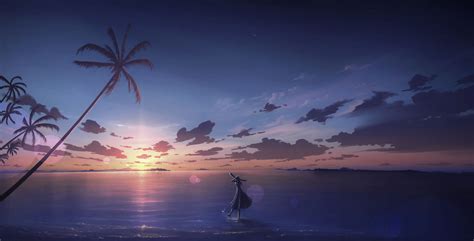 Download 2500x1275 Anime Seascape Sunset Horizon Clouds Dawn Anime