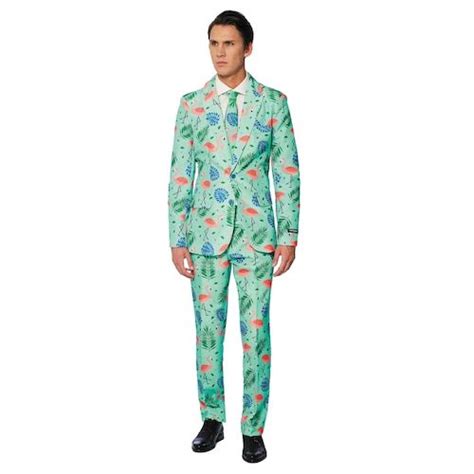 Mens Suitmeister Slim Fit Tropical Flamingo Suit And Tie Set Flamingo