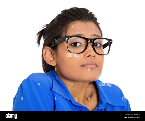 Closeup Portrait Of A Young Nerdy Looking Woman With Big Glasses Very Timid Shy And Anxious