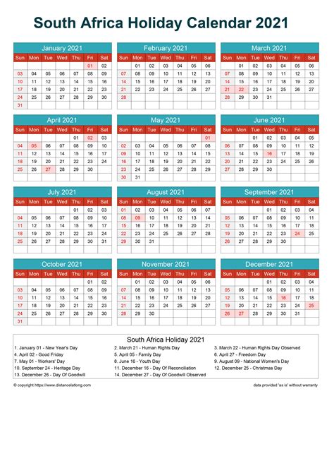 South Africa Holiday Calendar Horizintal Grid Sunday To Saturday