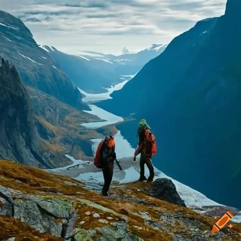 Two Young People Hiking In Norwegian Mountains