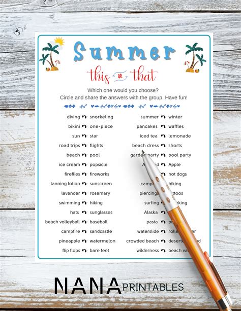 Summer This Or That Game Summer Fun Game Summer Party Game Printable