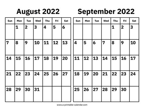 August And September 2022 Calendar A Printable Calendar