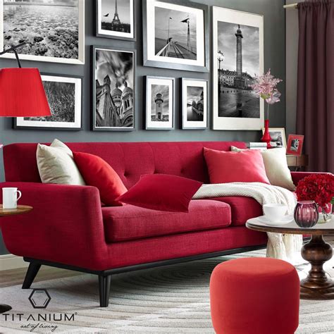 Red Couch Living Room Design Unusual Countertop Materials