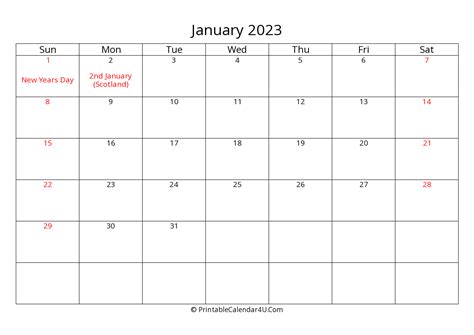 January 2023 Calendar Printable With Uk Bank Holidays Week Start On