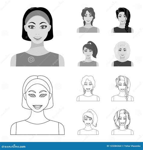 Types Of Female Hairstyles Outlinemonochrome Icons In Set Collection