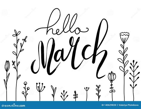 Handwritten Lettering Hello March With Doodle Flowers Horizontal