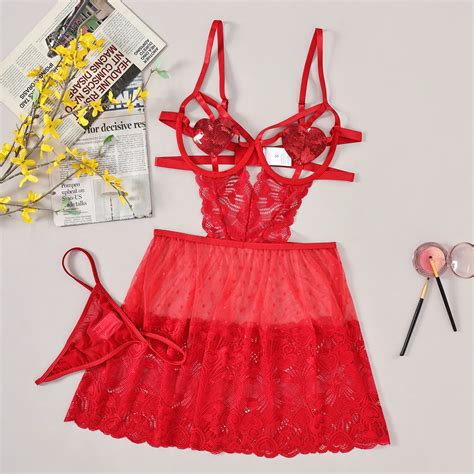 Valentine S Day Sexy Lingerie Red Lace Sex Lingerie Women Erotic Cut Out One Pc Push Up Slip