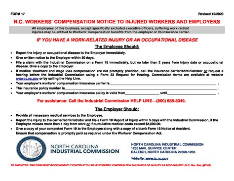 Free North Carolina Workers Compensation Notice To Injured Workers And