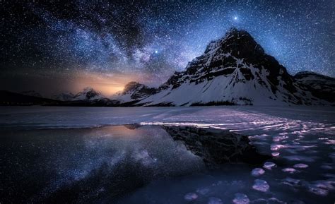 Mountain On Starry Winter Night Wallpaper And Background Image