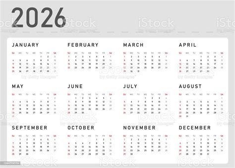 Calendar 2026 Vector Illustration Template Week Starts On Sunday Stock