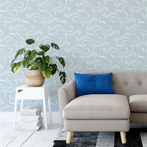 Coastal Wallpaper Peel And Stick Light Blue Waves Self Etsy