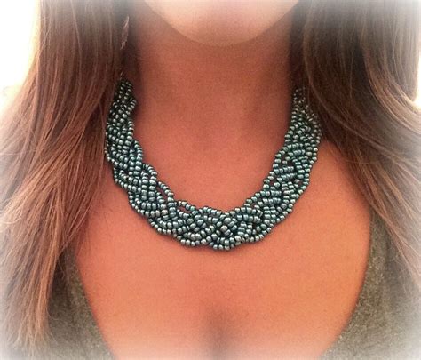 Blue Braided With Beads Statement Necklace Handmade Statement