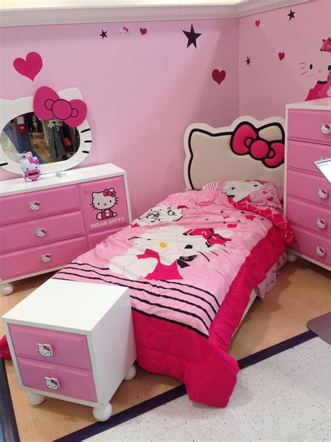 A Bedroom With Pink Furniture And Hello Kitty Decorations