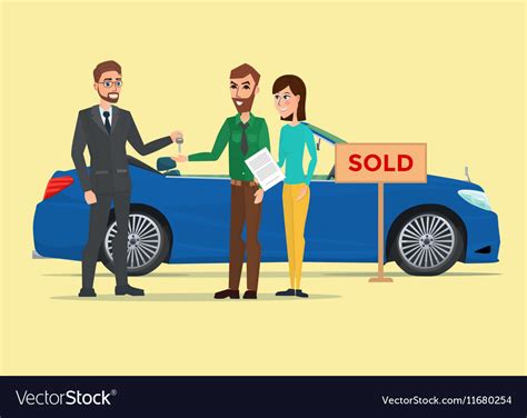 Man Woman And Car Dealer Business Cartoon Concept Vector Image