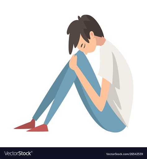 Depressed Boy Sitting On Floor Hugging His Knees Vector Image
