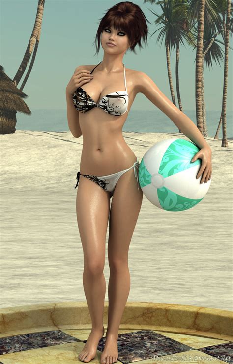 Wallpaper Women Model Long Hair 3d Brunette Beach Cgi Black Hair Gray Eyes Bikini