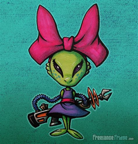 Cartoon Cute Alien Girl Wearing Big Bow And Dress Design Pen And