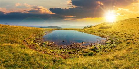 Pond On The Mountain Meadow At Night Stock Image Image Of Black
