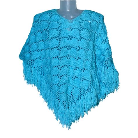Handmade Woolen Poncho For Women Free Size Light Blue Color With