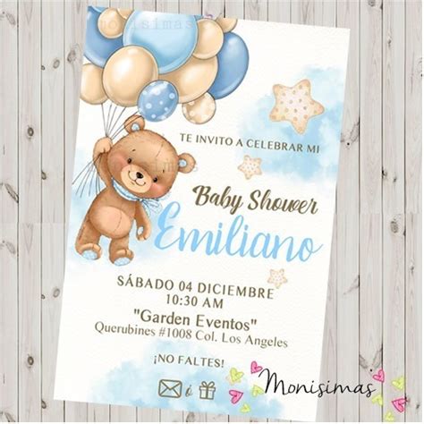 Invitacion Baby Shower Osito Oso Azul Digital Personalizada