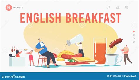 English Full Fry Up Breakfast Landing Page Template Tiny Characters At Huge Plate Having Meal
