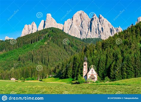 Church Of St John Of Nepomuk In Front Of Odle Mountain In Funes Valley