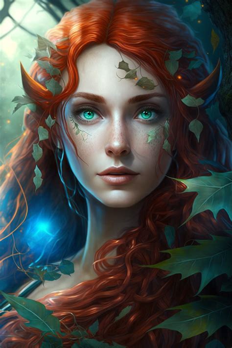 A Woman With Long Red Hair And Green Eyes Is Surrounded By Leaves In