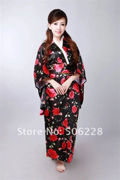 free shipping exquisite japan kimono dress in blackand red women dress with japan style