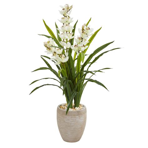 4’ Cymbidium Orchid Artificial Plant In Sandstone Planter Nearly Natural