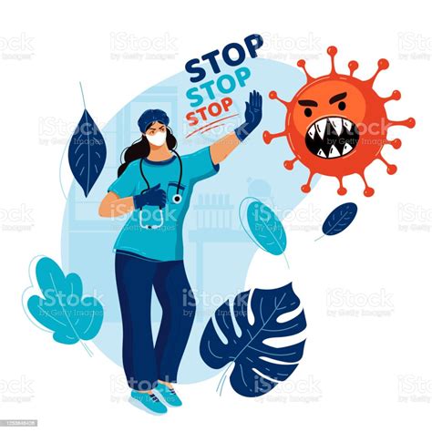 Doctor Threatens Virus With Vaccinestop Pandemic Stock Illustration