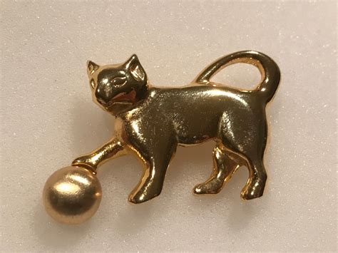 Valentine Sale Cat Playing With A Ball Gold Metal Brooch Etsy