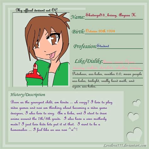 Hello everypony, i made this for everyone to use for your personal oc, you can used this as a reference card (duh xd) when. OC card by skatergrl13krissy on DeviantArt
