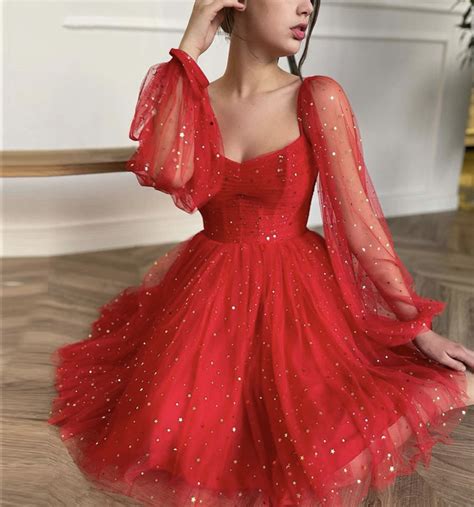 Red Tulle Short Prom Dress With Long Sleeve Cocktail Dress · Little Cute · Online Store Powered