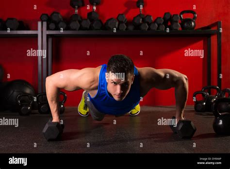 Push Up Strength Man Hex Dumbbells Pushup Exercise Workout At Gym Stock