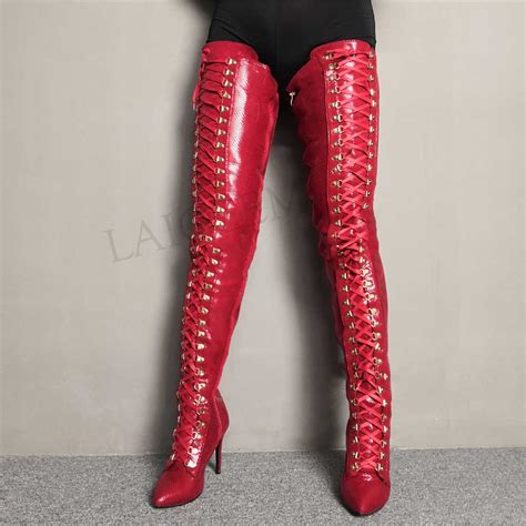 Laigzem Sexy Women Thigh High Boots Wide Calf Heeled Crotch Boots Lace