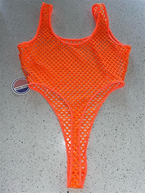 Malibustrings Bikini Open Mesh Neon Orange Thong One Piece Sheer Malibu