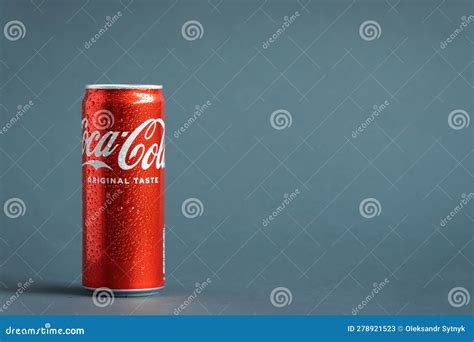 Close Up Shot Of Classic Coca Cola Red Can On The Grey Background Most