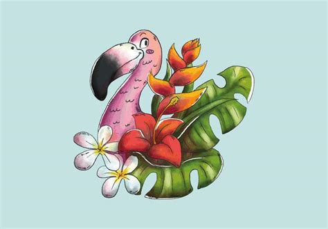 Cute Flamingo Smiling With Tropical Leaves And Exotic Flowers 150443