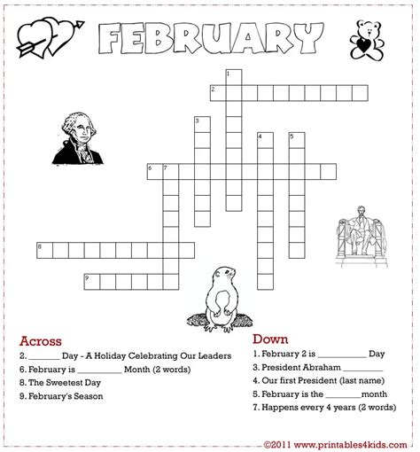 February Crossword Puzzle Printables For Kids Free Word Search