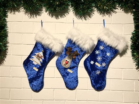 Blue Christmas Stockings Set Of 3 Velours Stockings With White