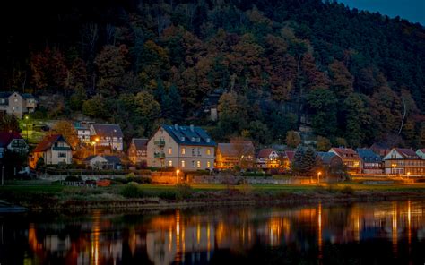 Download Wallpaper 3840x2400 Forest Houses Lake Reflection