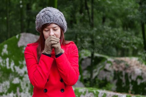 Young Woman Shivering With Cold On A Forest Stock Photo Image Of