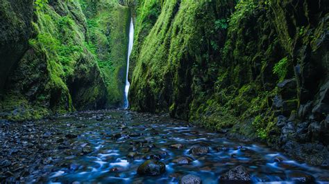 Pictures Usa Oregon Creek Cliff Nature Waterfalls Moss 1366x768