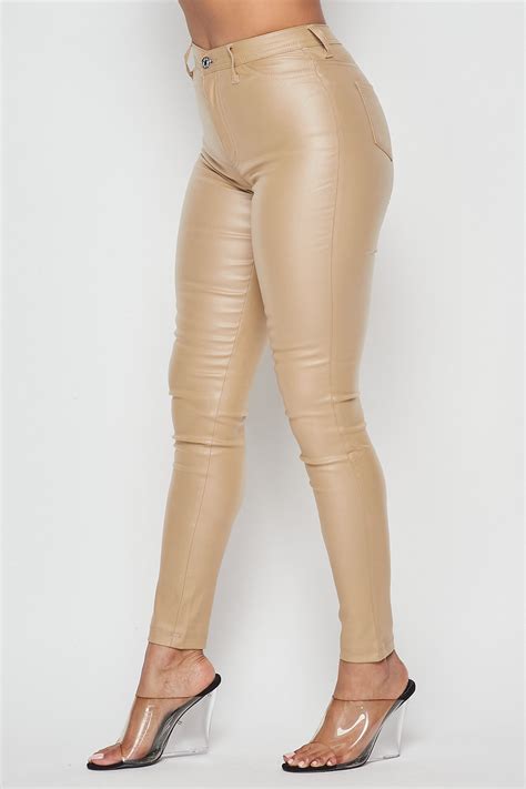 high waisted faux leather skinny jeans beige
