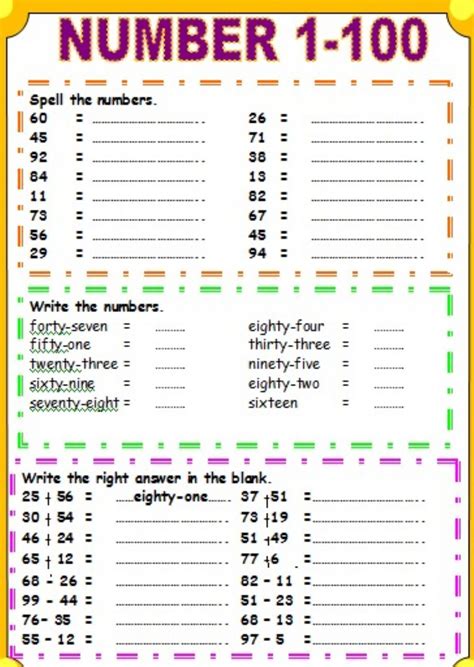 Numbers 1 To 100 Activity Number Words Worksheets Math Addition