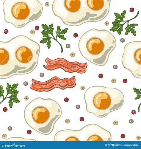 Seamless Pattern With Eggs With Fried Bacon Pepper And Cilantro