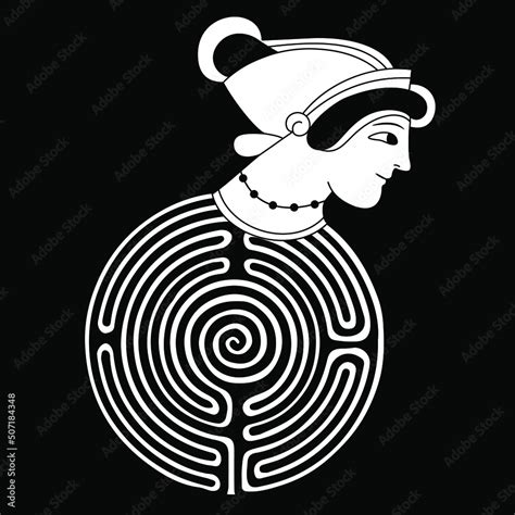 Round Spiral Maze Or Labyrinth Symbol With Female Head Of Ancient Greek
